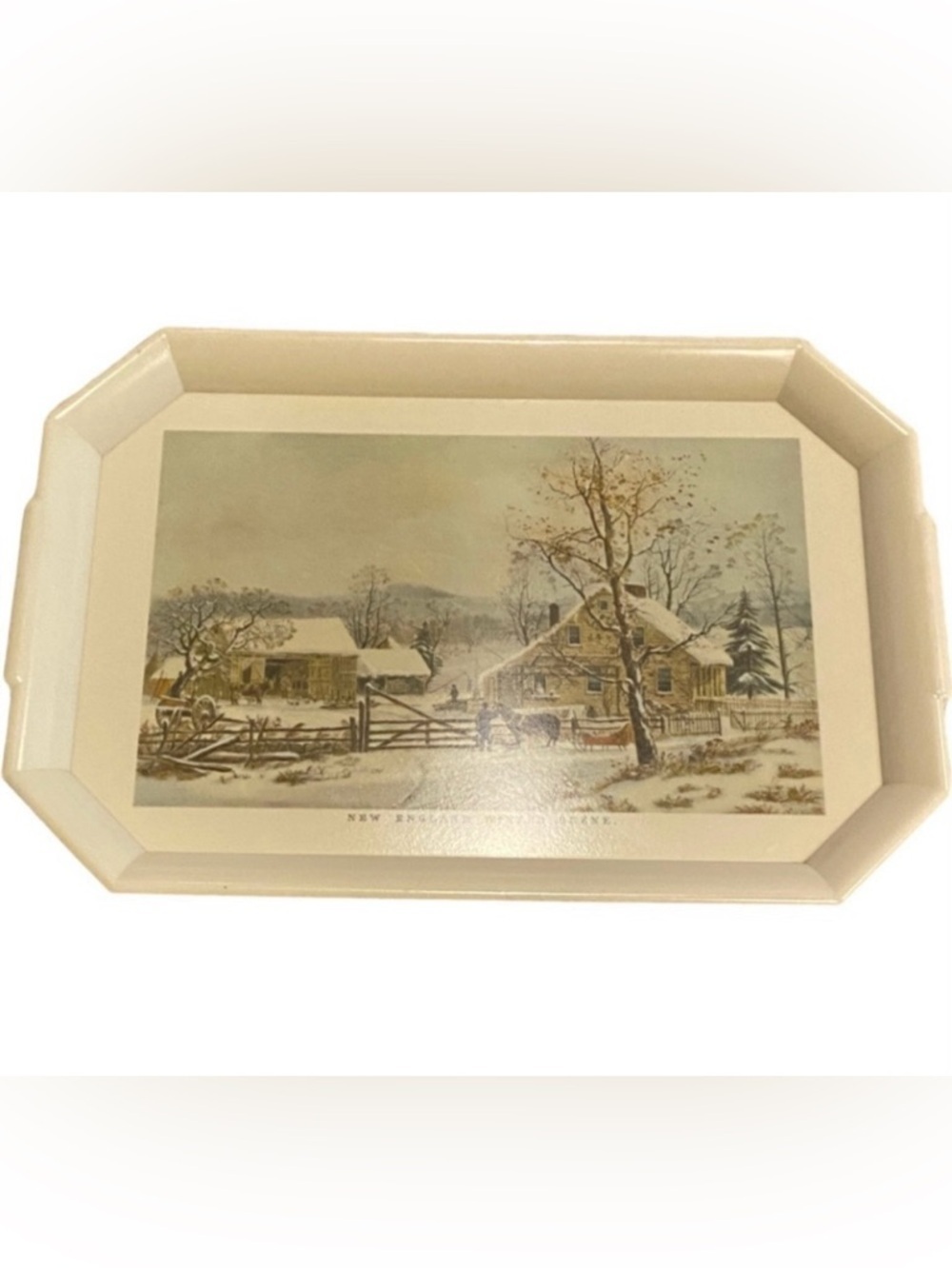 Vintage Style Cream Serving Tray. New England Winter Scene.
